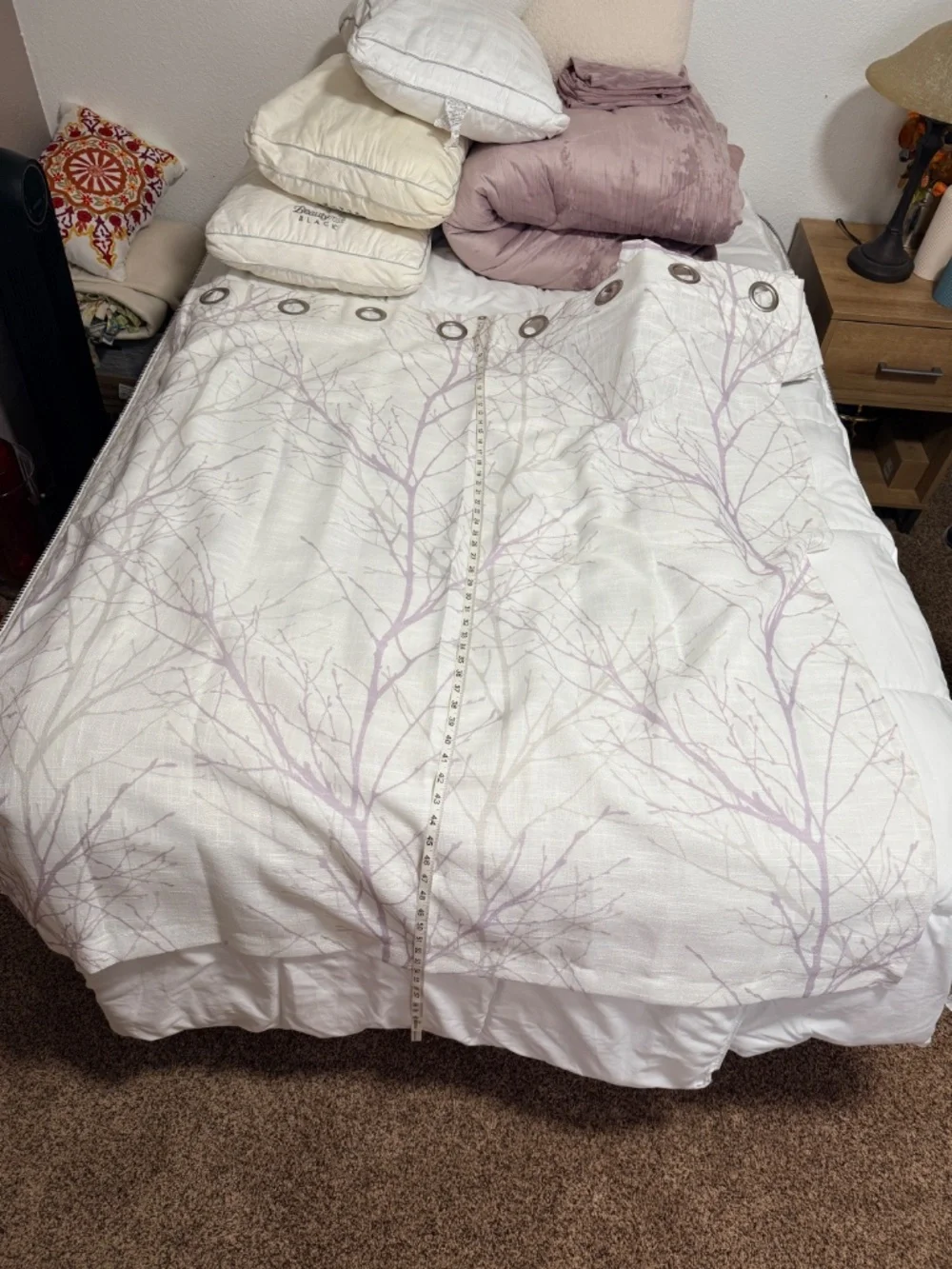 Set of 6 White Linen-Look Curtain Panels – Purple & Gray Tree Branch Print 48x54